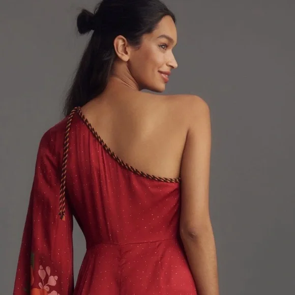 Anthropologie x Farm Rio One-Shoulder Printed Satin Rose Jumpsuit